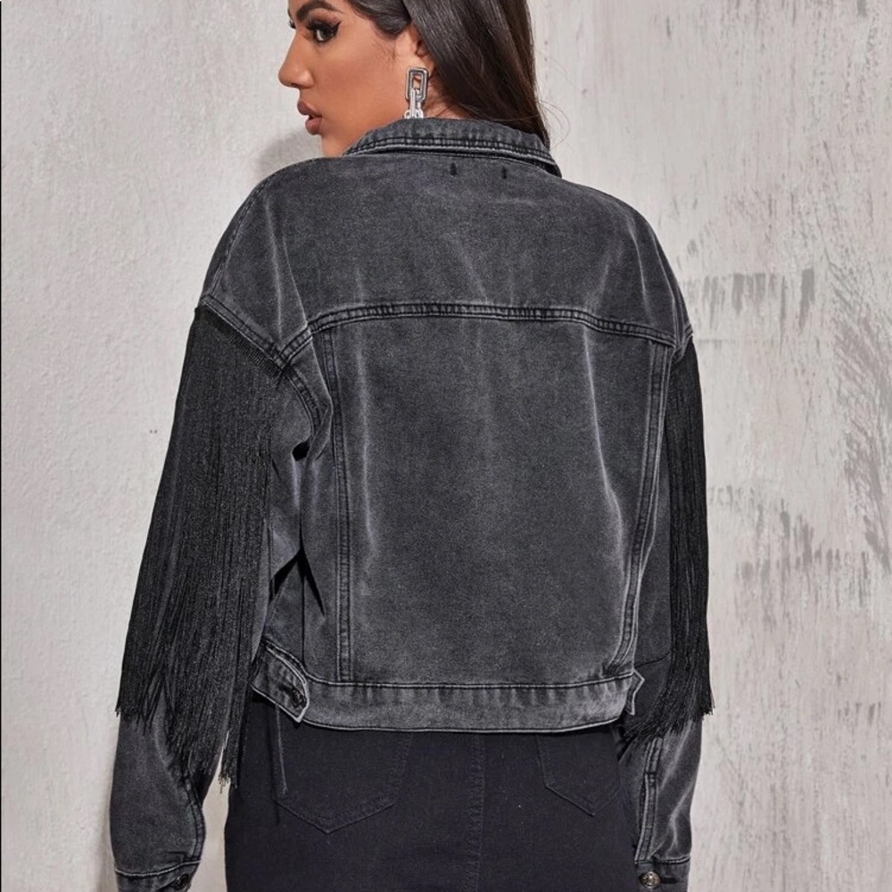 - Button front fringe trim denim jacket